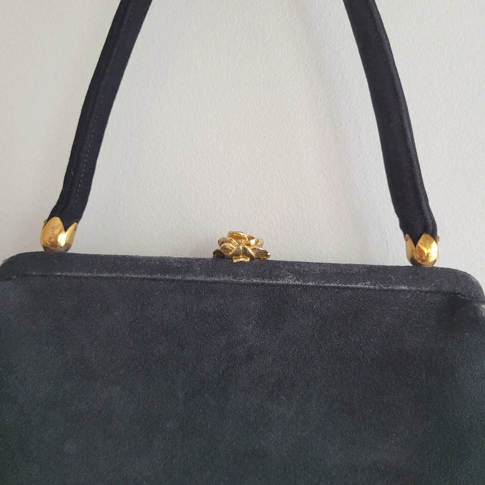 Vintage 60s Coblentz perma‎ suede black satchel handbag purse gold rose detail